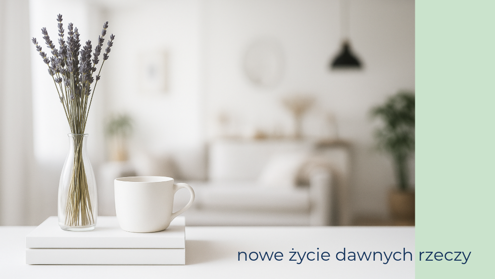 Bogata, gęsta kompozycja z różnorodnych antycznych, ceramicznych i porcelanowych przedmiotów, takich jak talerze, dzbanki, figurki i miseczki. Dominują wzory w kolorze białym i niebieskim. Centralnie umieszczona jest ciemnozielona ceramika w kształcie dyni. W dolnej części widoczny jest niebieski półokrąg z napisem "nowe życie dawnych rzeczy".